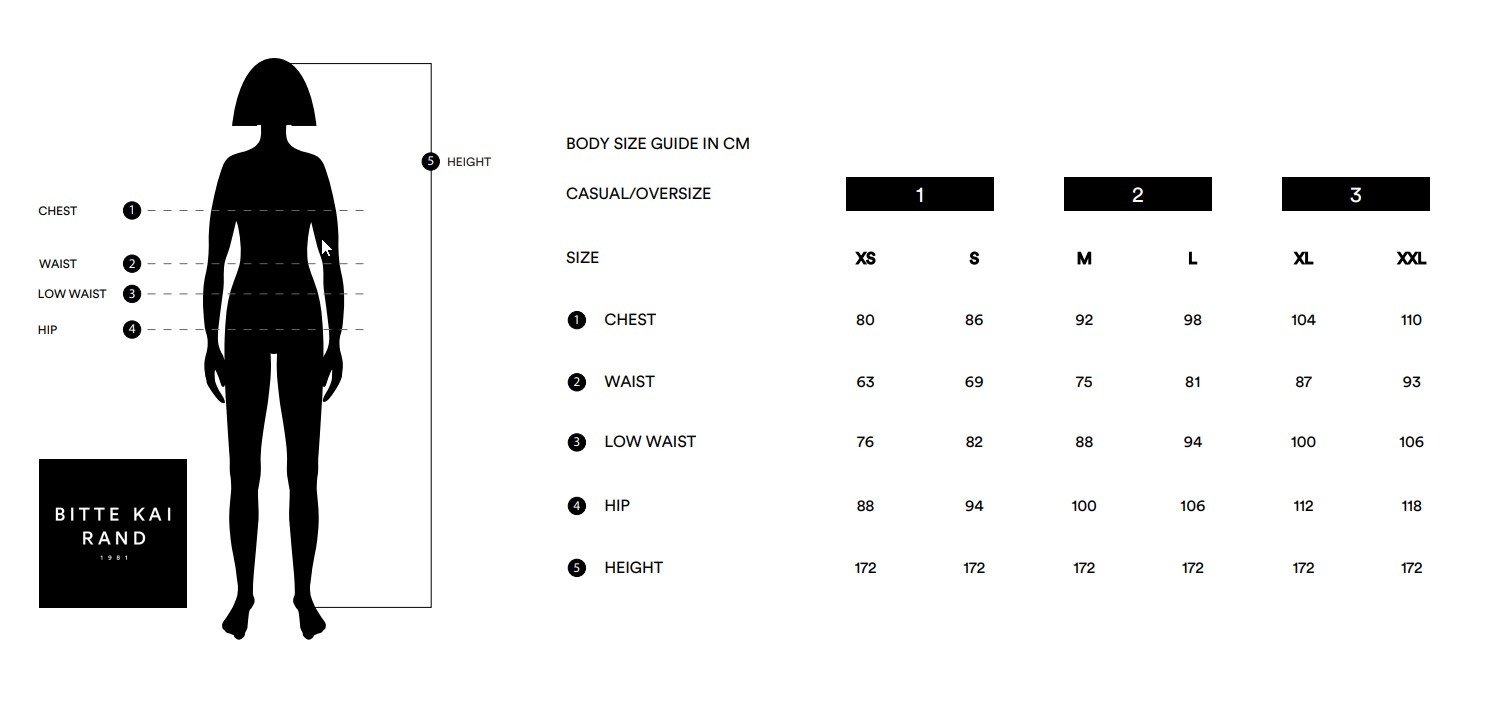 Illustration showing measurement points for bust, waist, low waist, hips and body length.