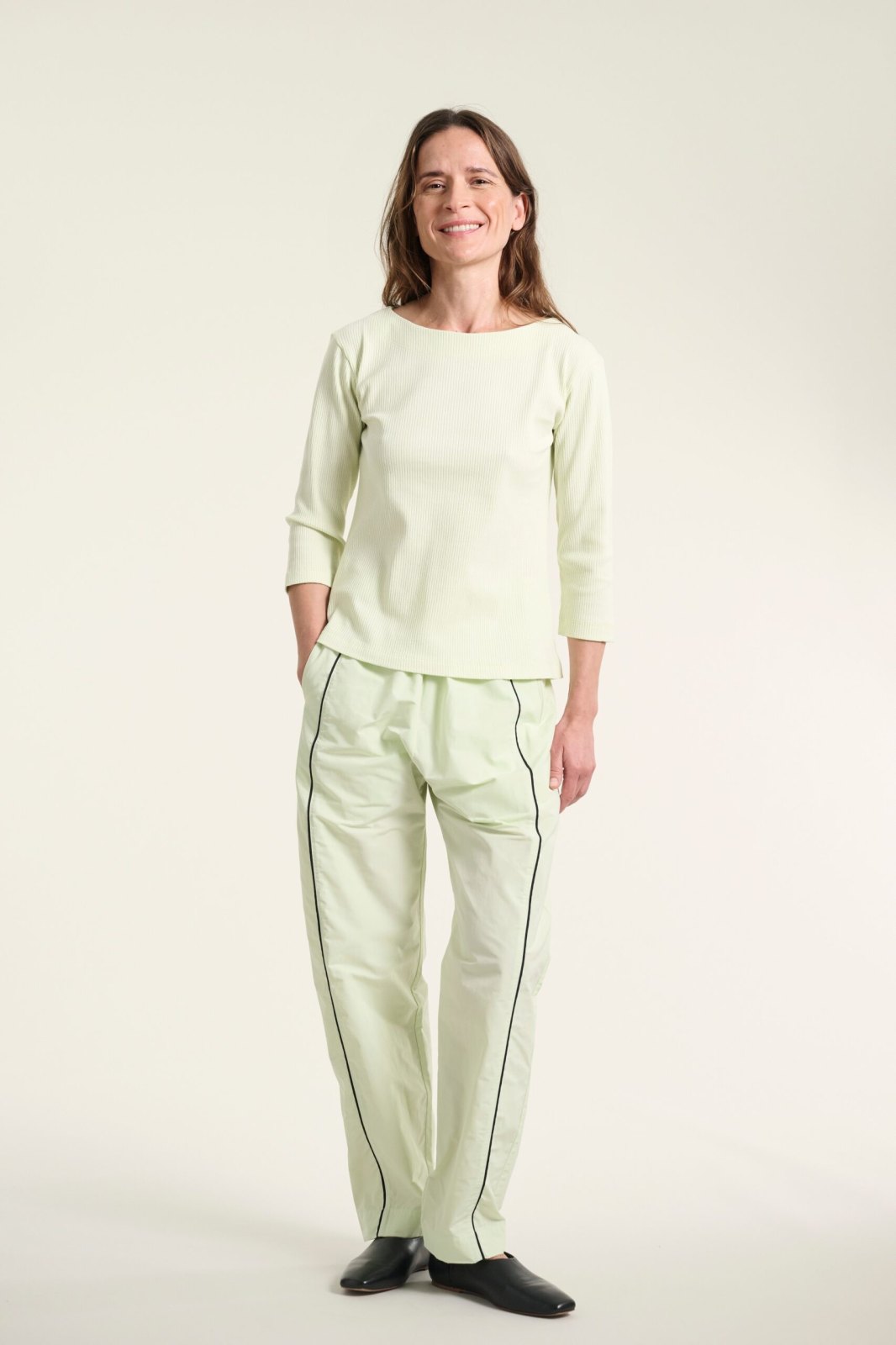 Naibu Ribbed 3/4-Sleeve Blouse Lime Cream 15070